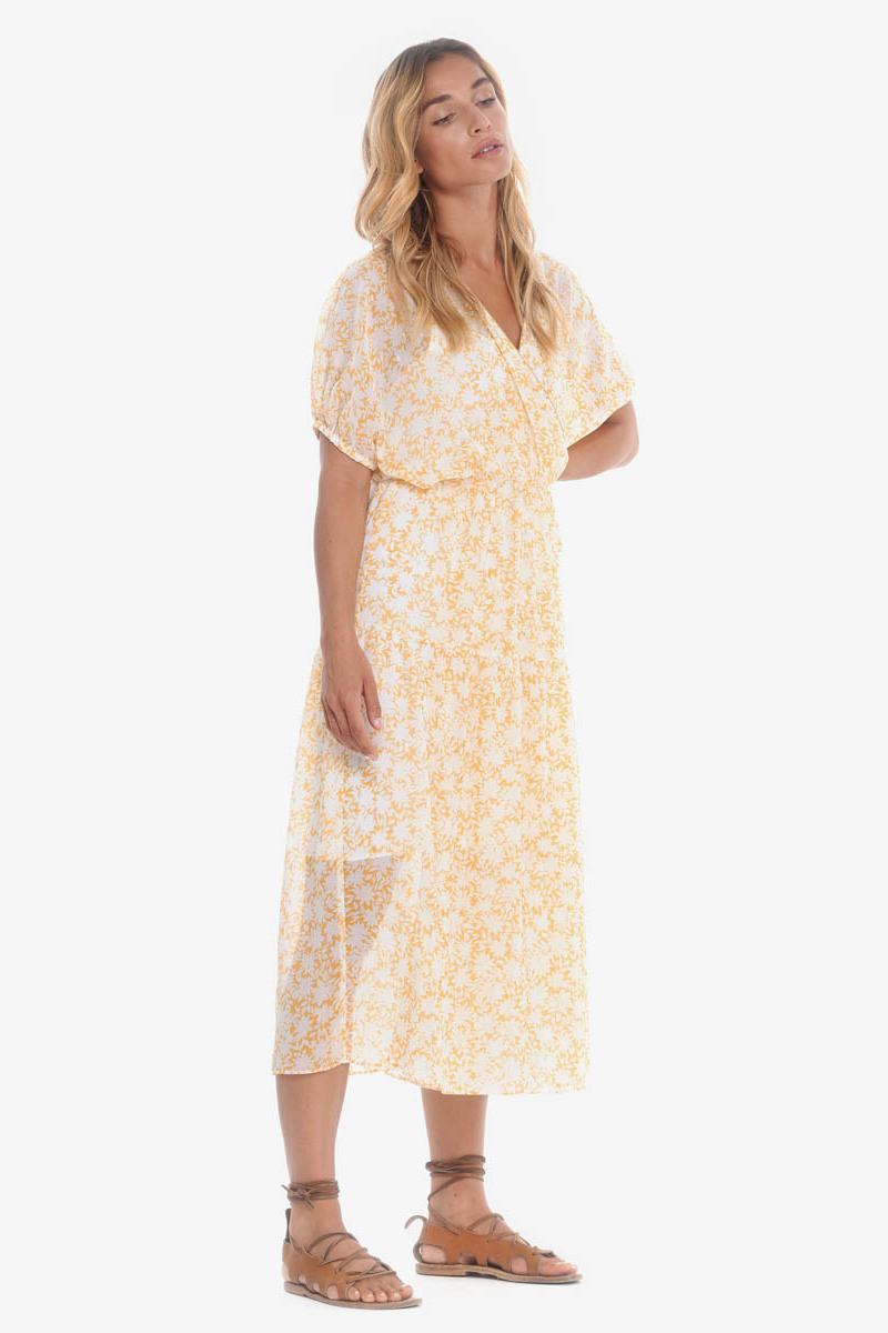 Long Bilbao dress with yellow floral pattern