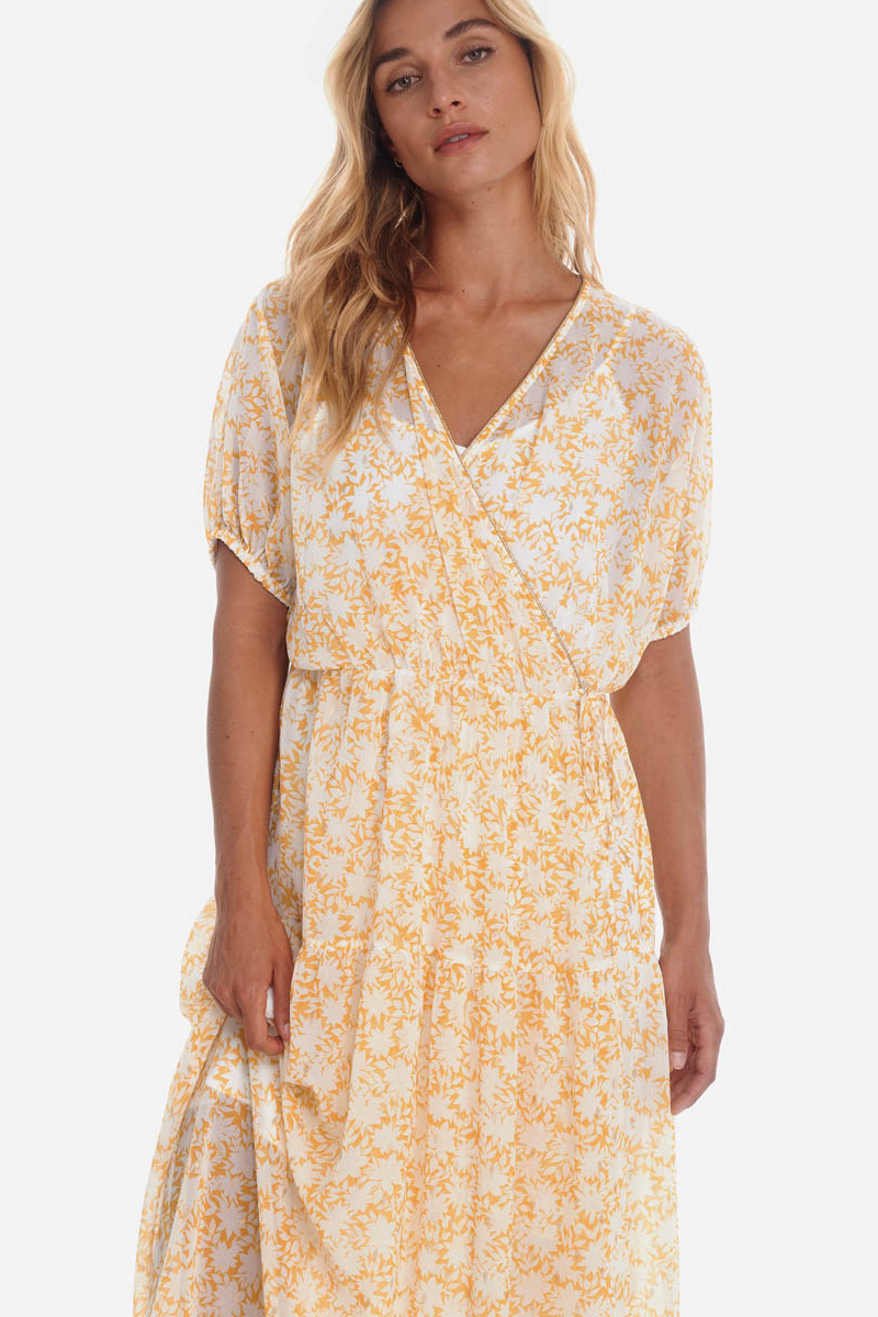Long Bilbao dress with yellow floral pattern