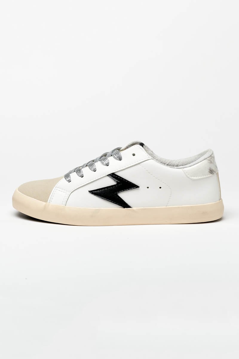 White Soho sneakers with black lightning flash