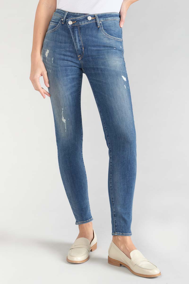 Jeans power skinny taille haute 7/8ème destroy bleu N°2