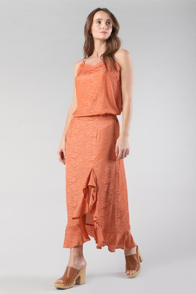 Orange coral zebra print jacquard Gino long skirt