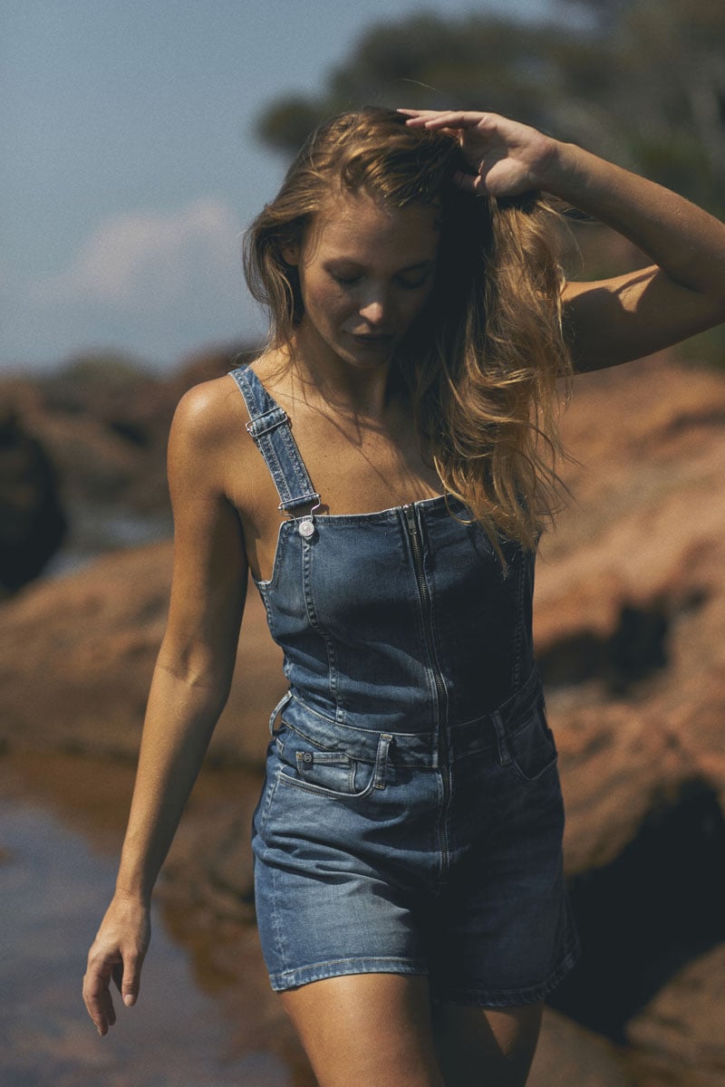 Blue denim Sofia dungaree shorts