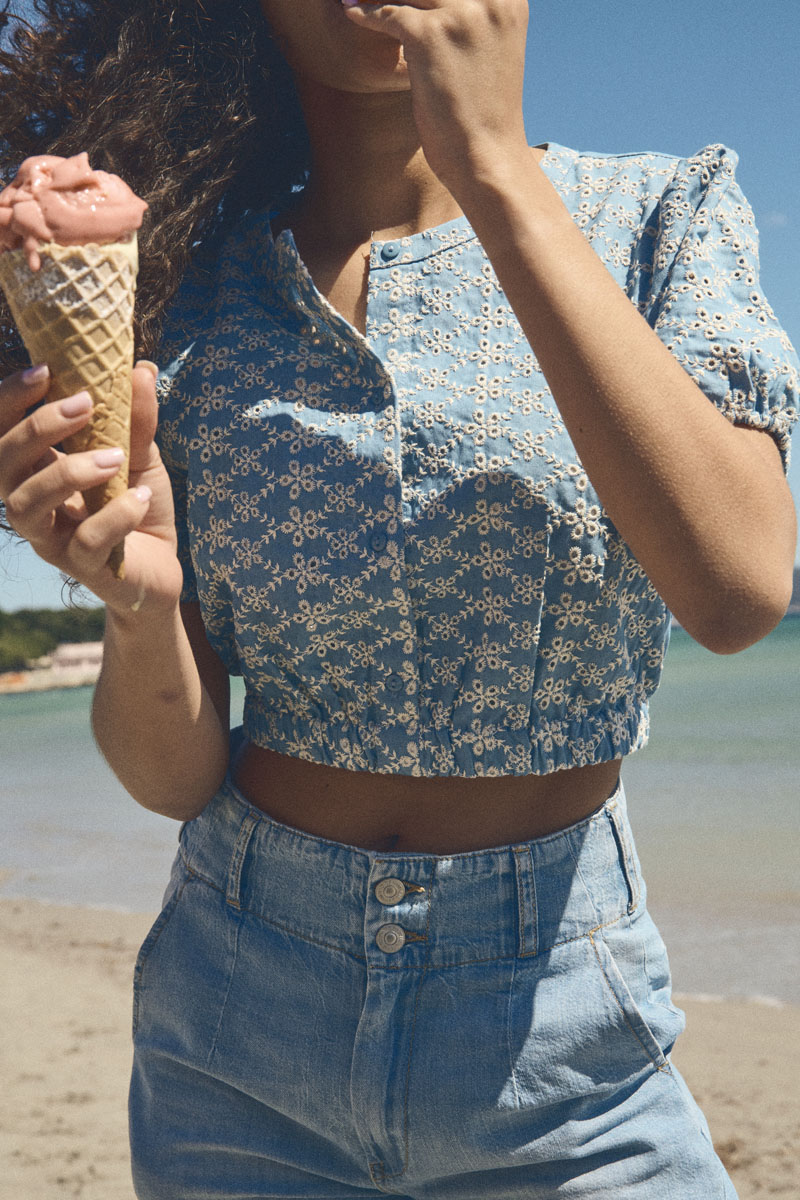 Blue embroidered Loiciagi crop top