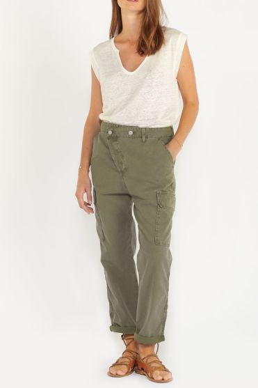 Khaki Cosy Army trousers with asymmetric fastening