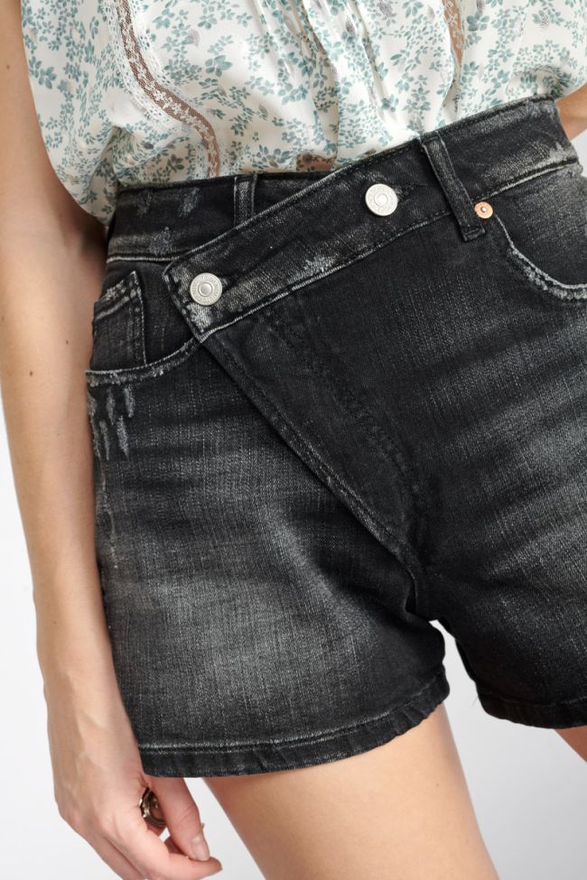 Black denim Mosta shorts with asymmetric fastening