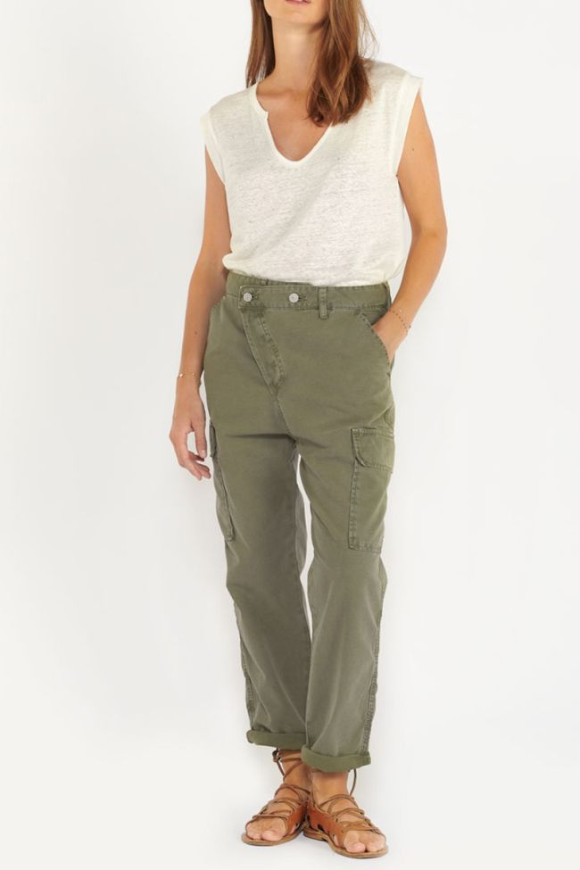 Khaki Cosy Army trousers with asymmetric fastening