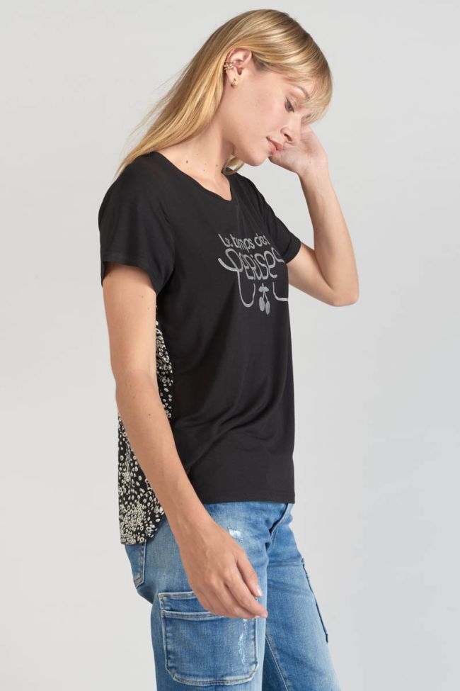 Printed black Domi dual material t-shirt