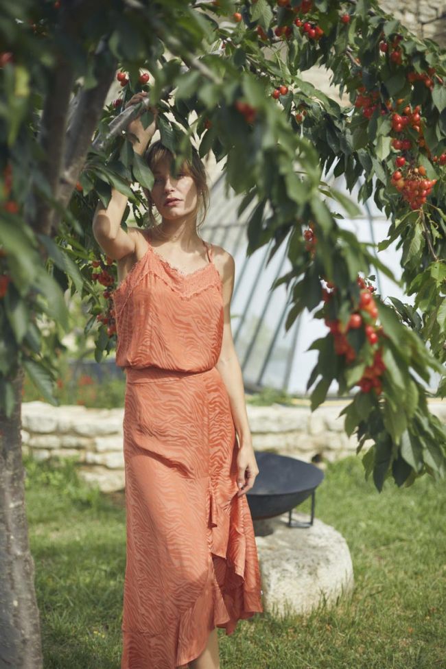 Orange coral zebra print jacquard Gino long skirt