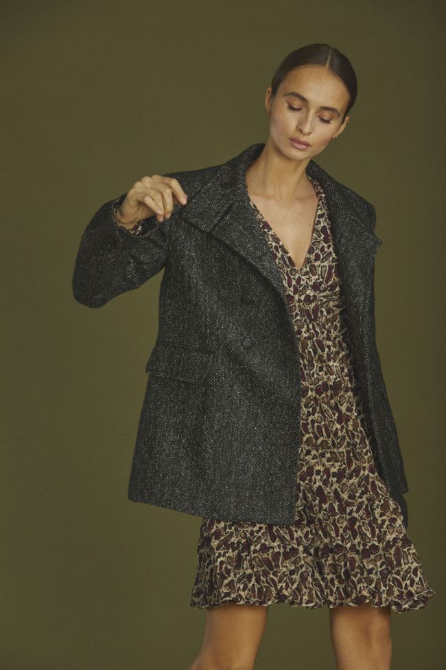 Black herringbone wool blend Capucin coat