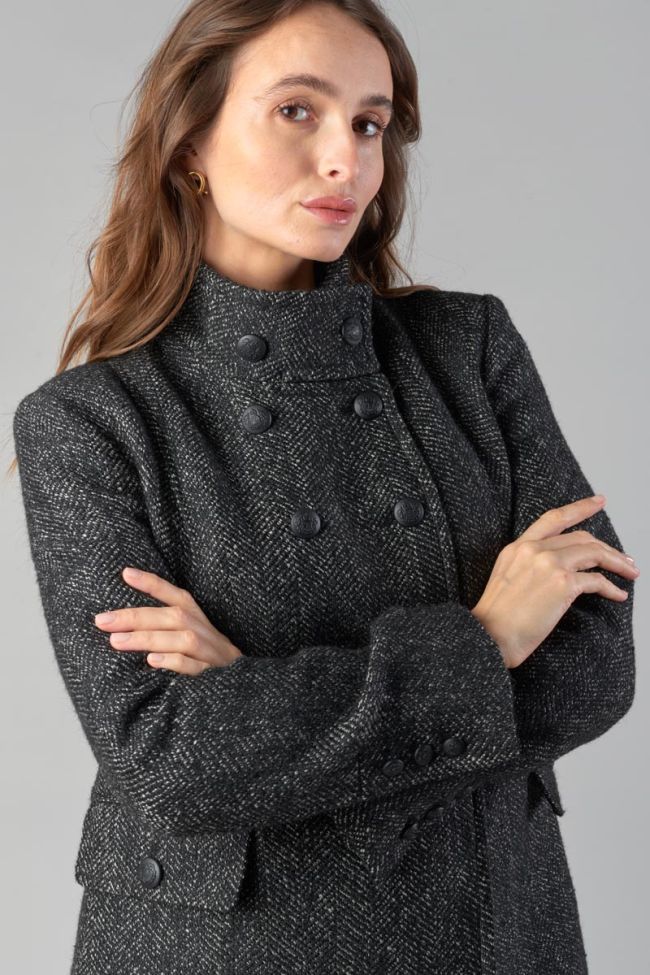 Black herringbone wool blend Capucin coat