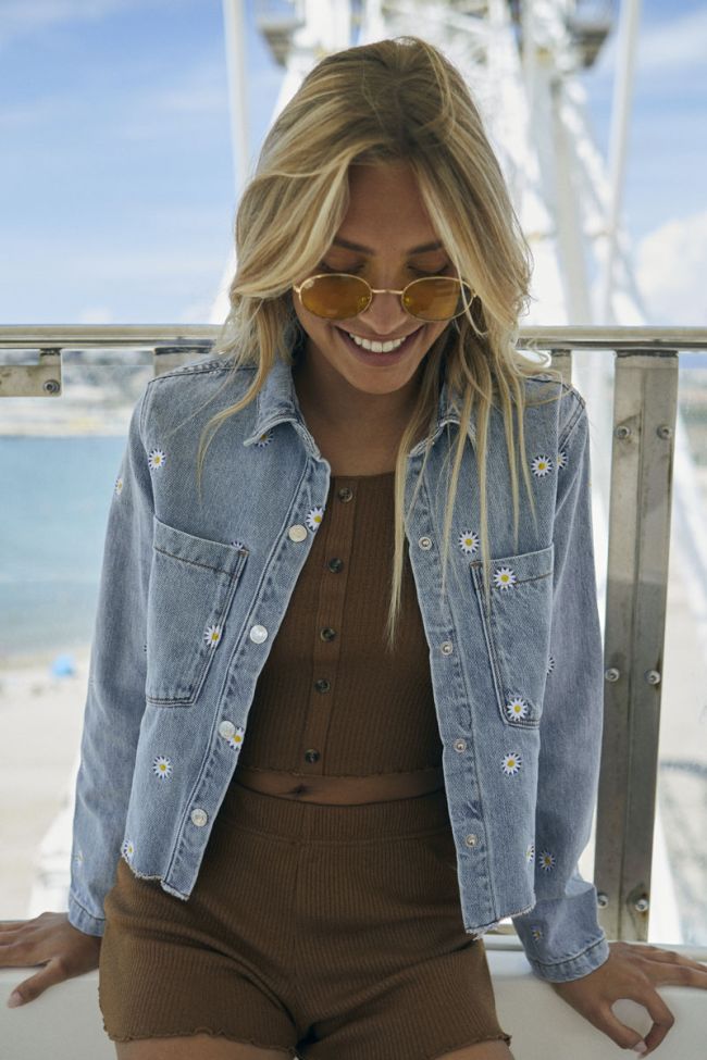 Embroidered light blue denim Saorigi jacket