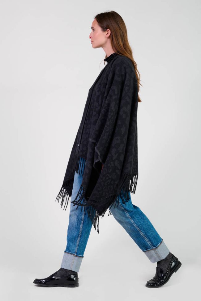Carzola black poncho with leopard print