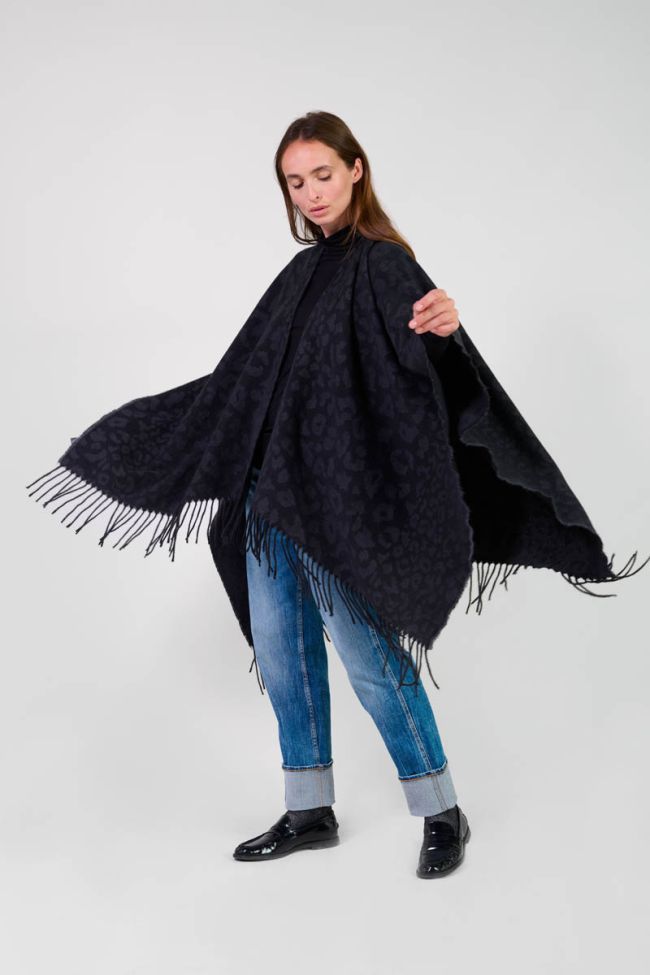 Carzola black poncho with leopard print