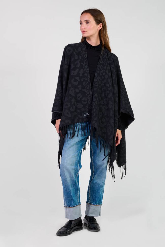 Carzola black poncho with leopard print