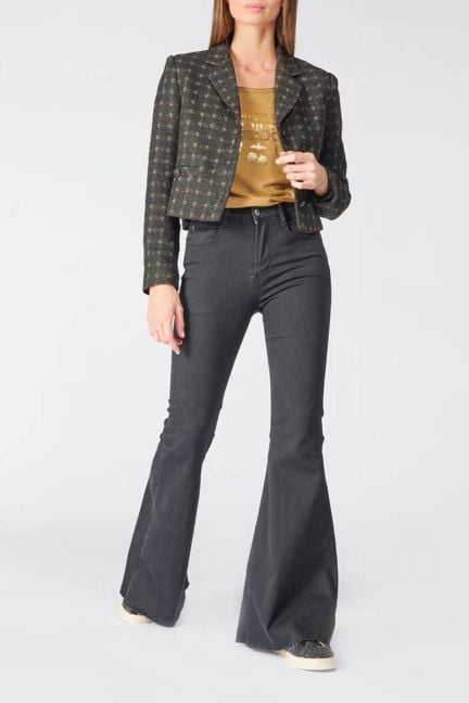 Black cropped Cat jacket with gold checks
