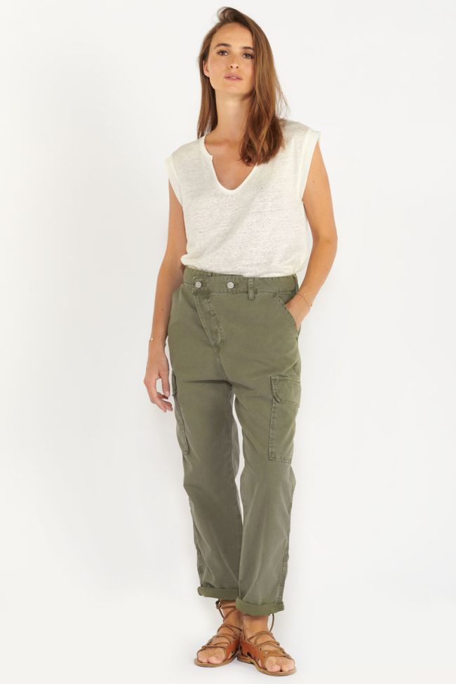 Khaki Cosy Army trousers with asymmetric fastening