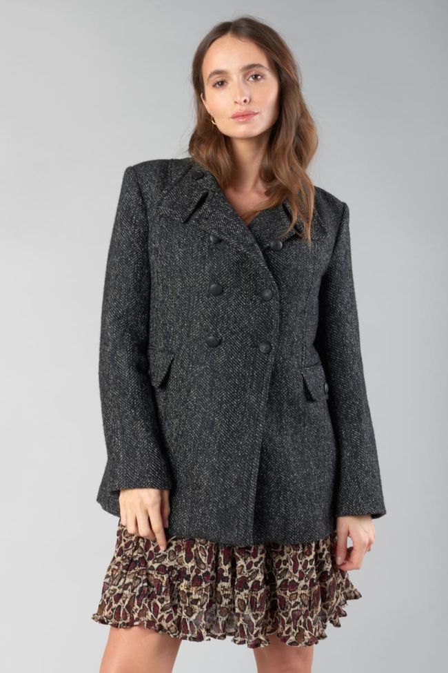 Black herringbone wool blend Capucin coat